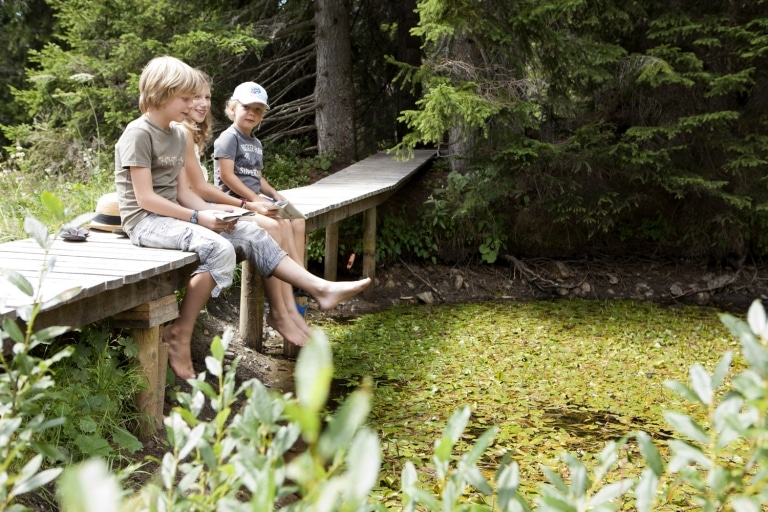 Familien wandern vom Hotel Sonnenburg in Österreich aus in nur 30 Minuten zum Oberlecher Libellensee