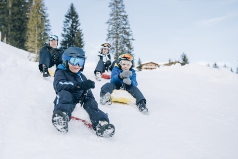 Rodeln in Lech Zwei Kinder und zwei Erwachsenen rodeln auf Zipfelbobs in Lech am Arlberg.