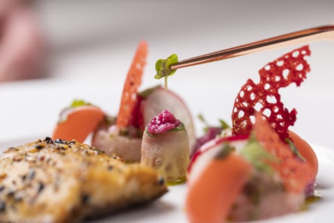 Künstlerisch angerichtetes Gourmetgericht mit feinen Garnituren und frischen Zutaten