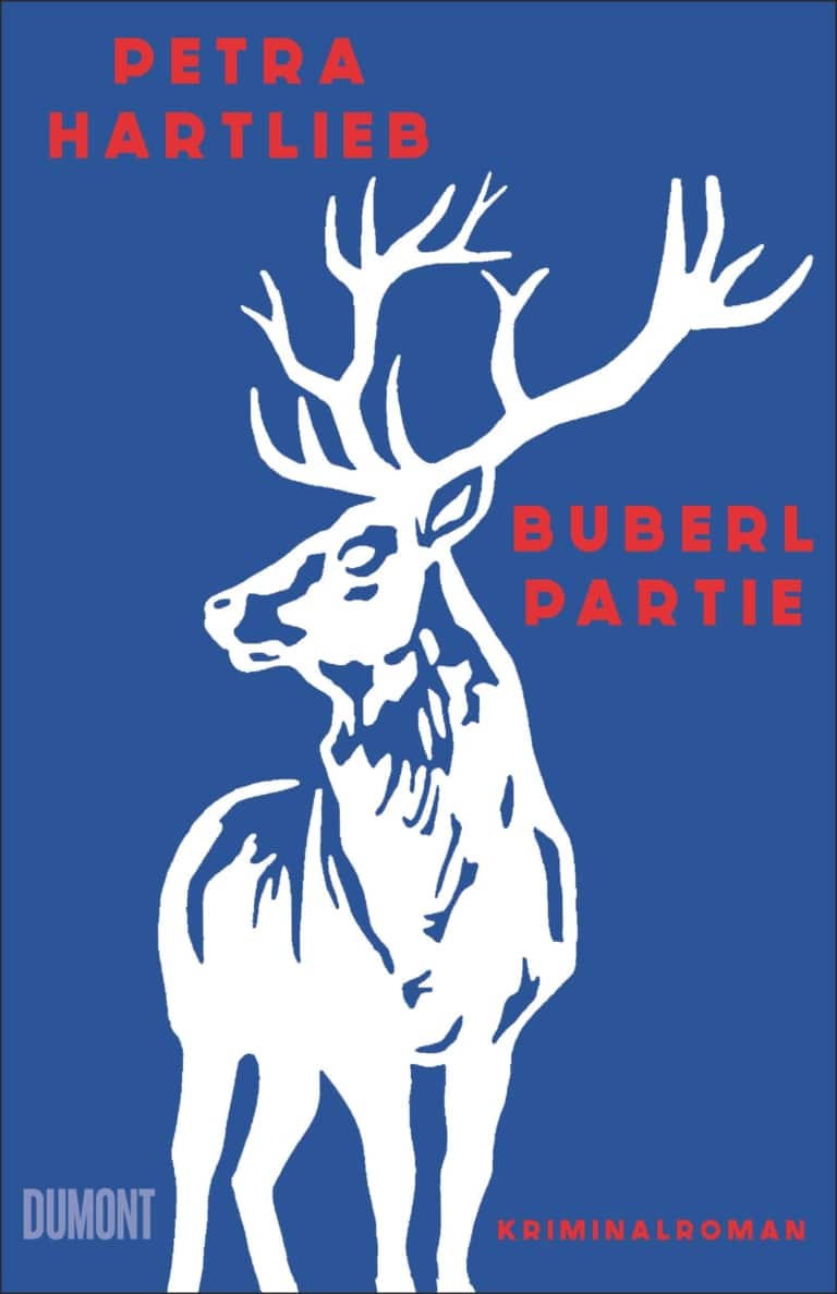 Buchcover mit Titel "Buberl Partie" von Petra Hartlieb. DAs Cover ist dunkel blau mit roter Schrift und einem weißen Hirsch.